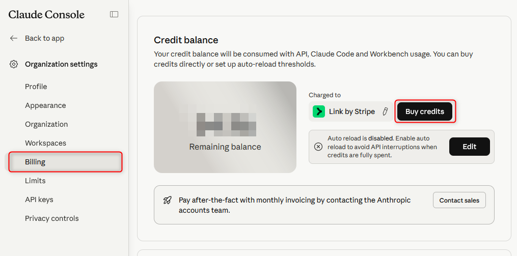 Anthropic API クレジットチャージ画面
